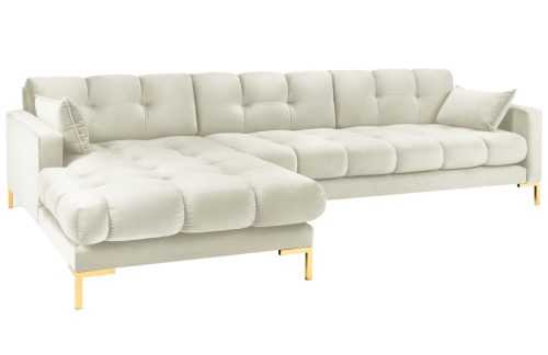 Krémová sametová rohová pohovka MICADONI MAMAIA 293 cm se zlatou podnoží